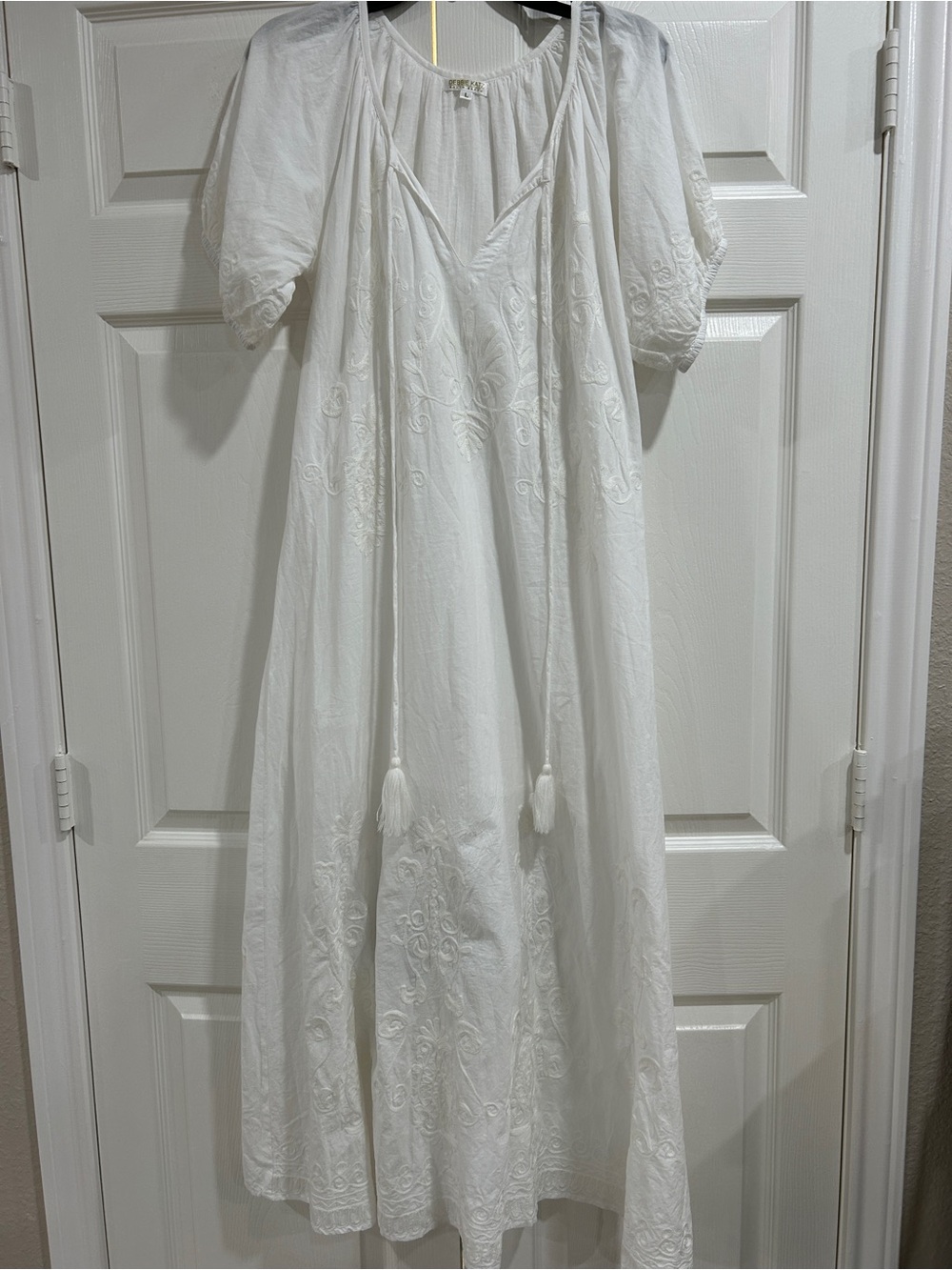 White Embroidered Maxi Dress with Tassel Tie